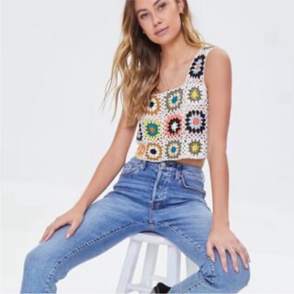 Colorful Crochet Boho Hippie Crop Top Tank Coastal Grandma - Picture 2 of 9